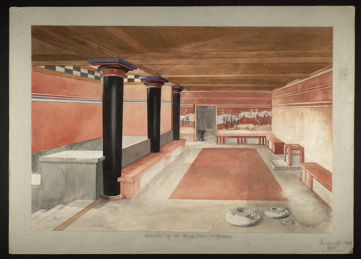 Schilderij van de herbeeldden Troonzaal van het Paleis van Minos in Knossos (Evans Fresco Tekening B/4 a) door Theodore Fyfe