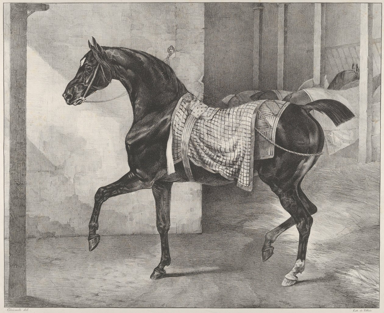 Een zwart paard, vastgebonden in een stal door Theodore Gericault