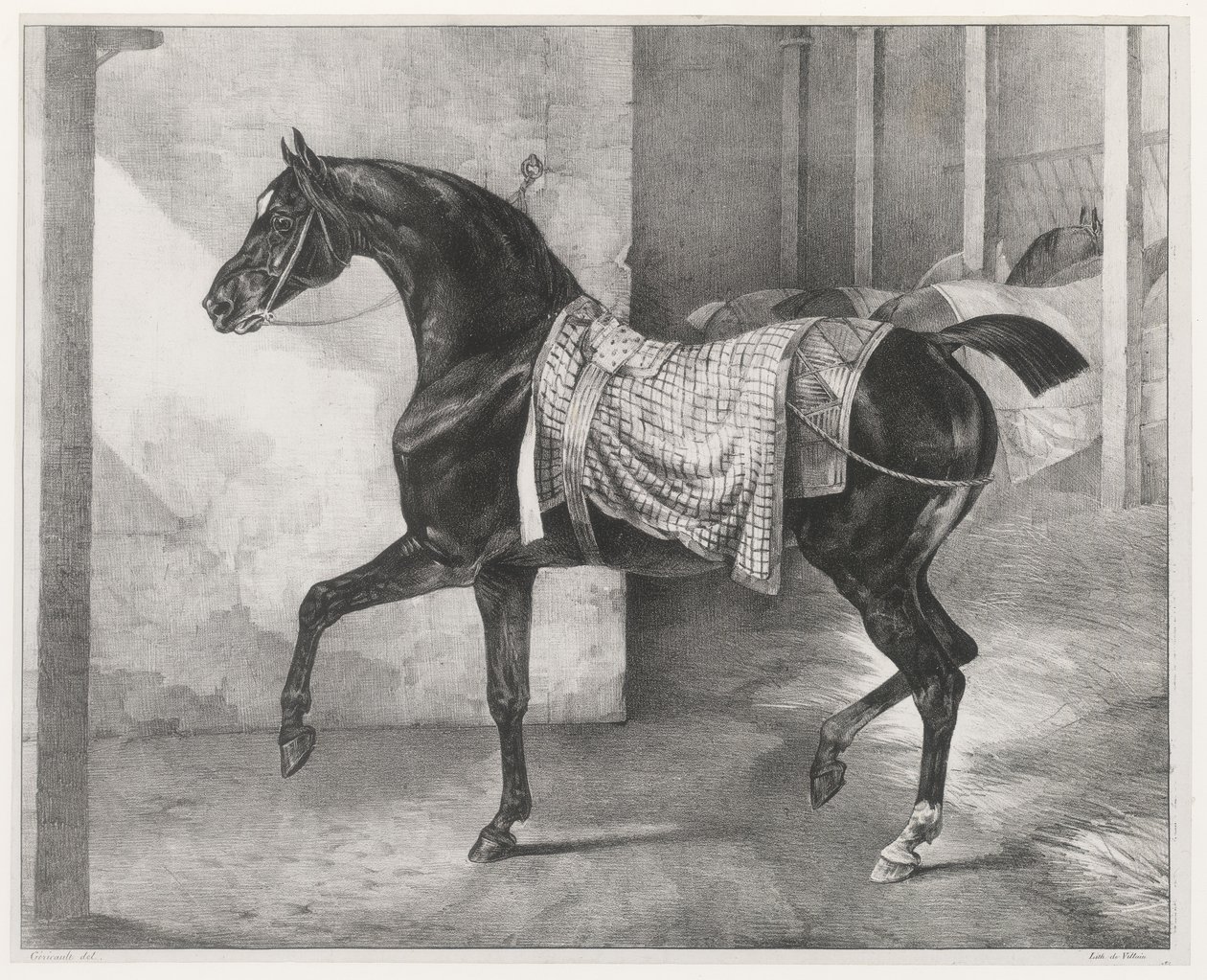 Een zwart paard vastgebonden in een stal (A Black Horse Tethered in a Stable) door Theodore Gericault
