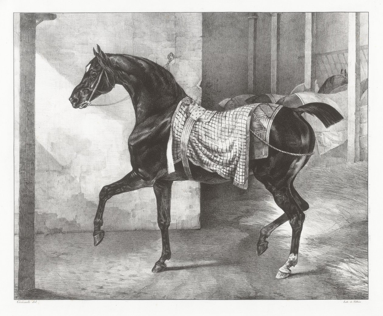 Een zwart paard vastgebonden in een stal (A Black Horse Tethered in a Stable) door Theodore Gericault