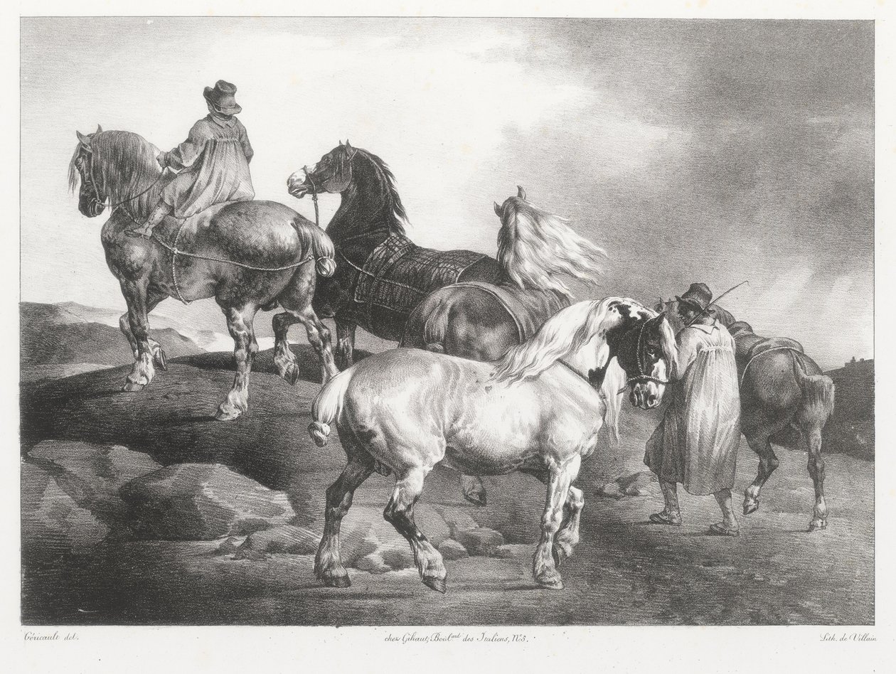 Paarden die naar de kermis worden geleid (Horses Being Led to the Fair) door Theodore Gericault