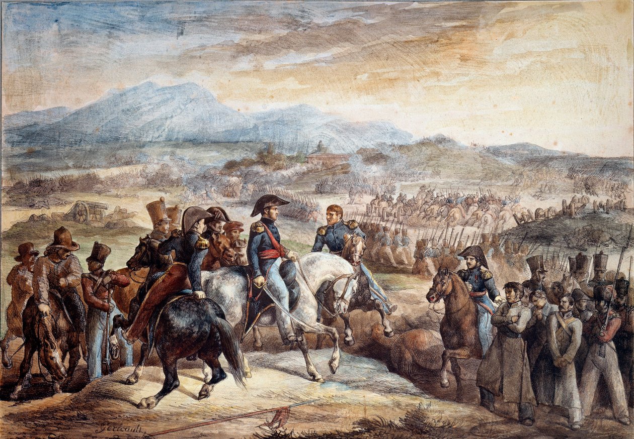Chileense Onafhankelijkheidsoorlog: Uitzicht op de Slag bij Maipu (Maipo nabij Santiago de Chile 5/04/1818) door Theodore Gericault