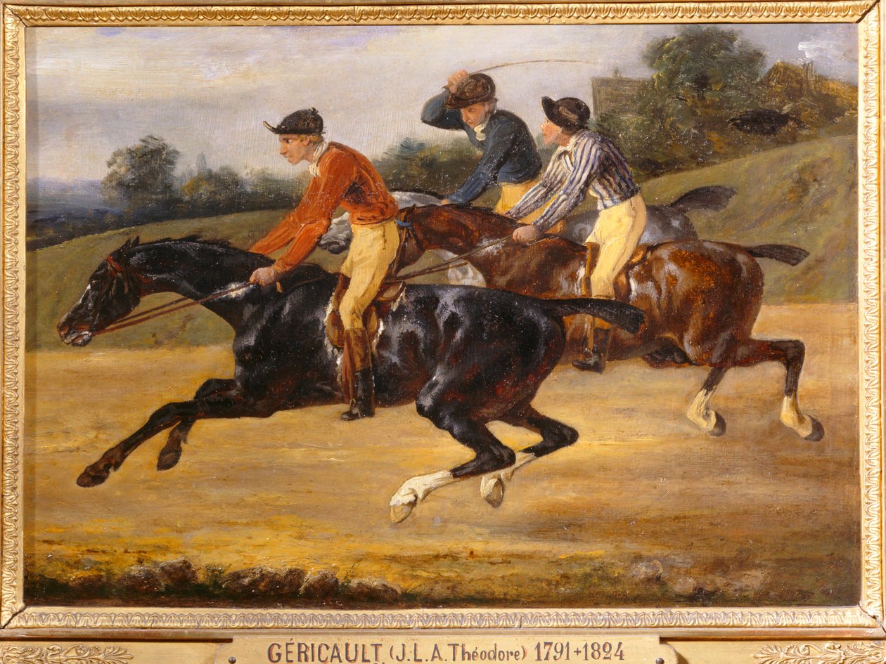 Paardenrace op een berg, naar links bij de start - Paardenrace ... door Theodore Gericault