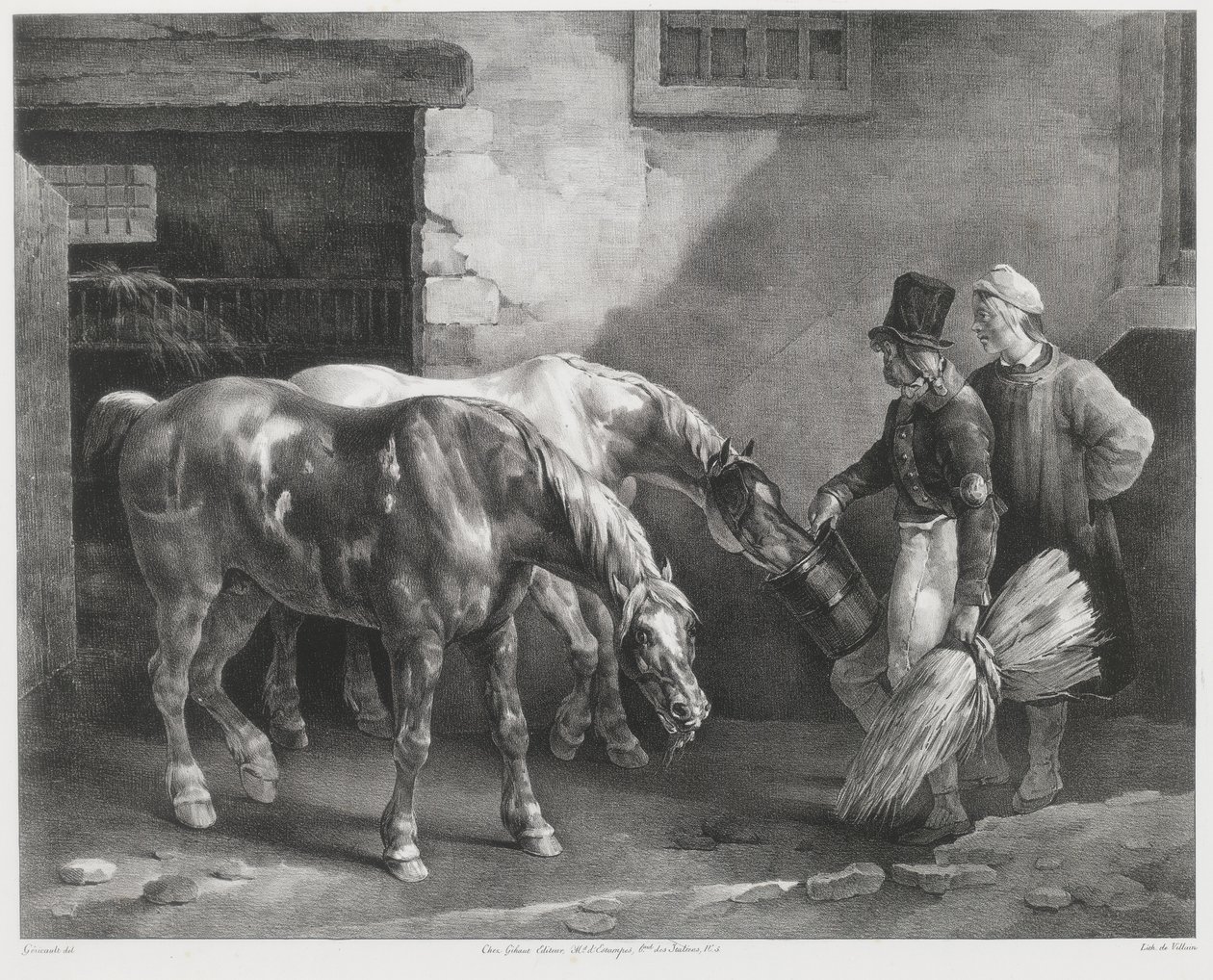 Twee postpaarden bij de deur van een stal (Two Post-Horses at a Stable Door) door Theodore Gericault