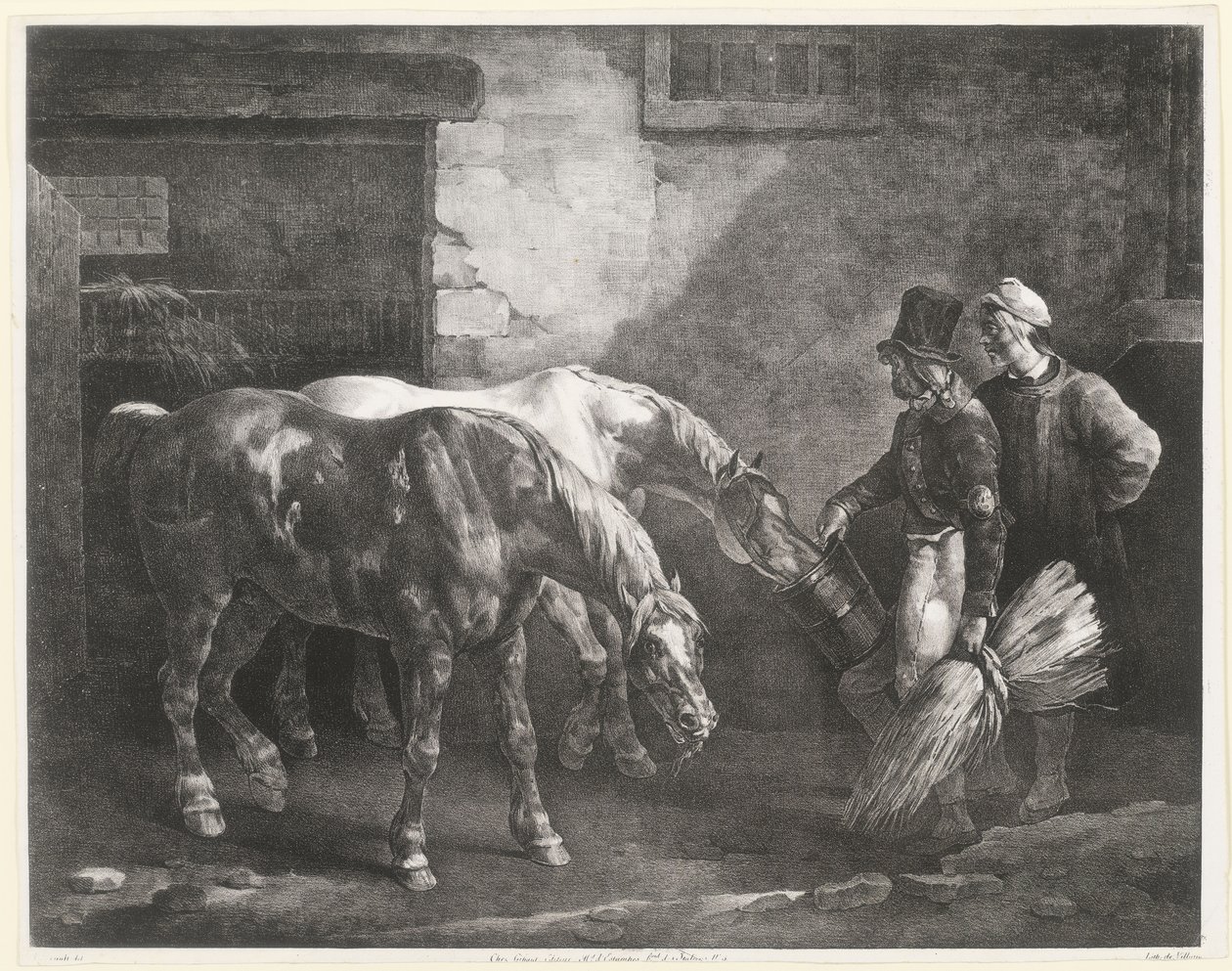 Twee postpaarden bij de deur van een stal (Two Post-Horses at a Stable Door) door Theodore Gericault