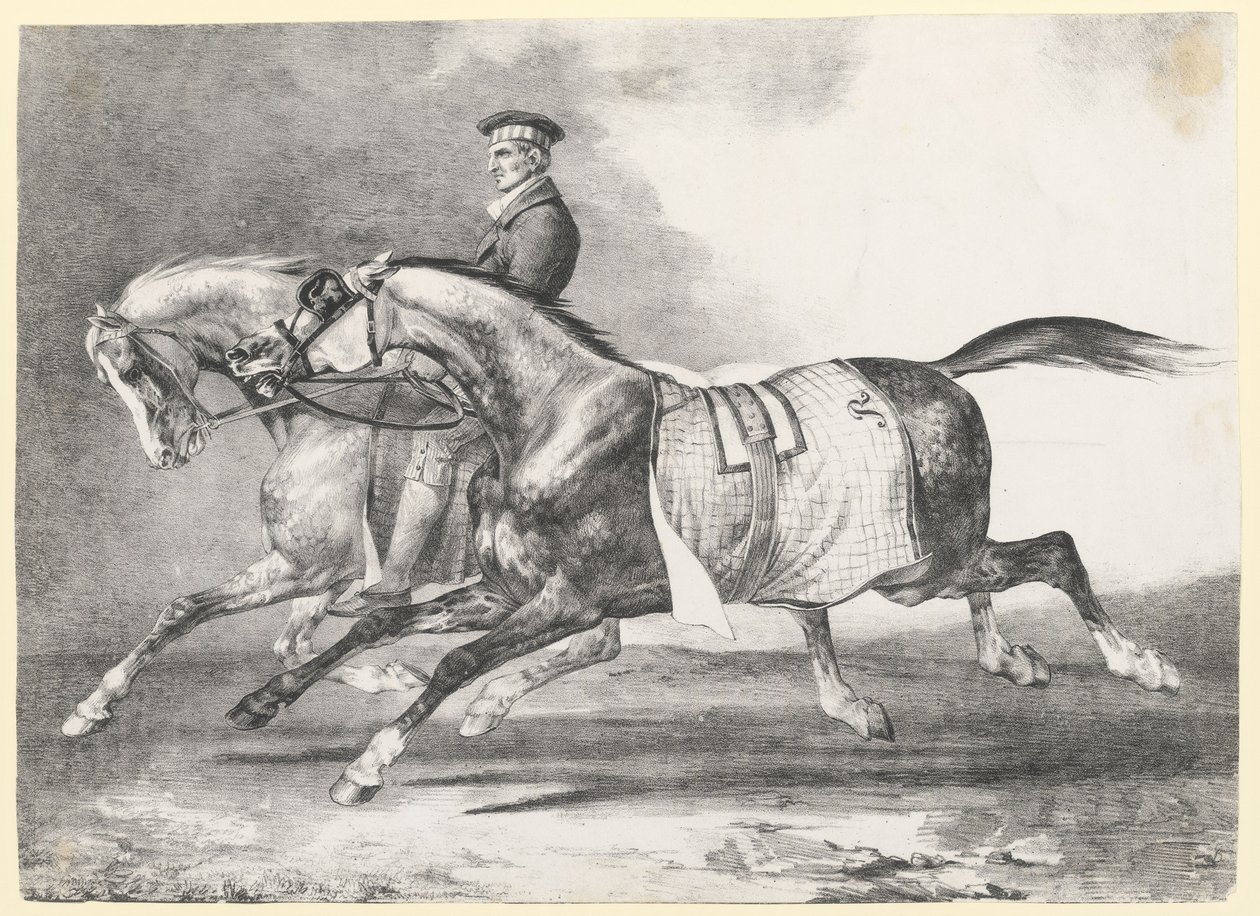 Twee dapple-grijze paarden die worden uitgelaten (Two Dapple-Grays Being Exercised) door Theodore Gericault