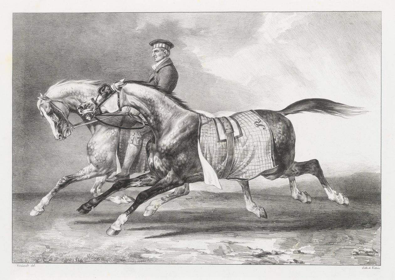 Twee dapple-grijze paarden die worden uitgelaten (Two Dapple-Grays Being Exercised) door Theodore Gericault