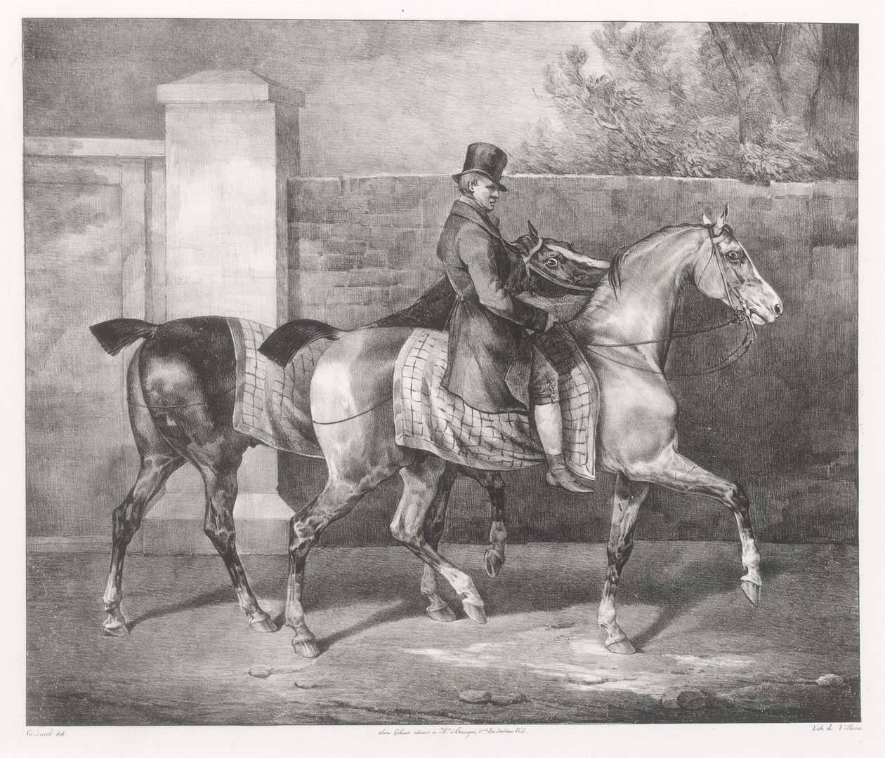 Twee paarden die door een jockey worden uitgelaten (A Groom Exercising Two Horses) door Theodore Gericault