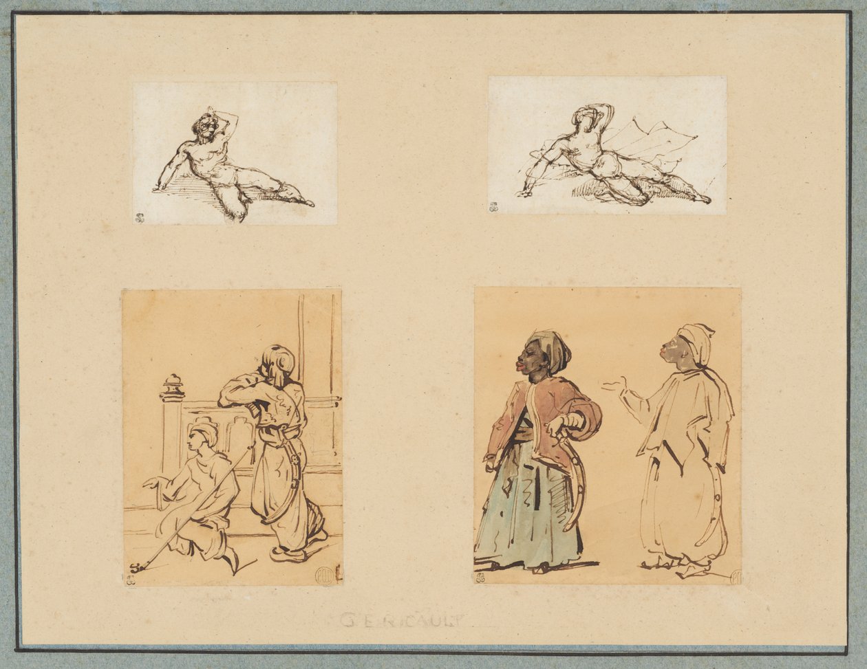 Vier tekeningen: twee liggende mannelijke naakten en twee studies van Ottomaanse figuren door Theodore Gericault