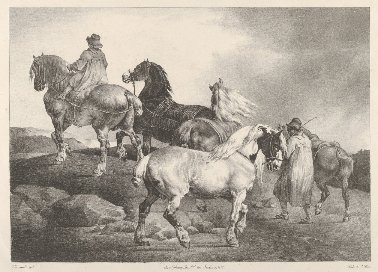 Paarden die naar een kermis worden gedreven door Theodore Gericault