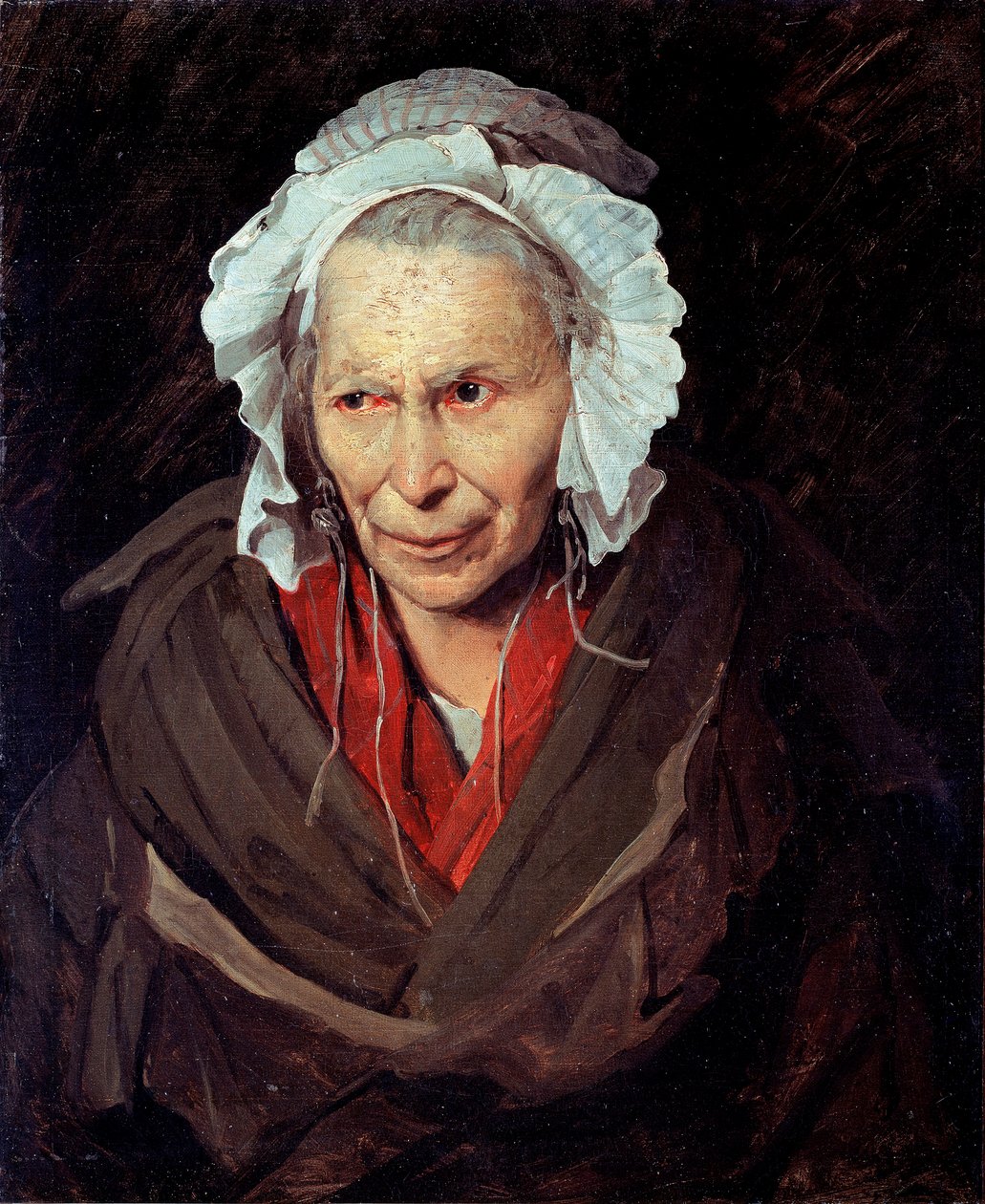 De Hyena van de Salpetriere of monomaan van jaloezie Portret van een oude vrouw die lijdt aan een psychische aandoening door Theodore Gericault