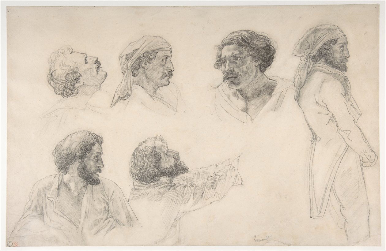 Zes studies voor Corréard en Savigny in het schilderij „Het vlot van de Medusa“ door Theodore Gericault