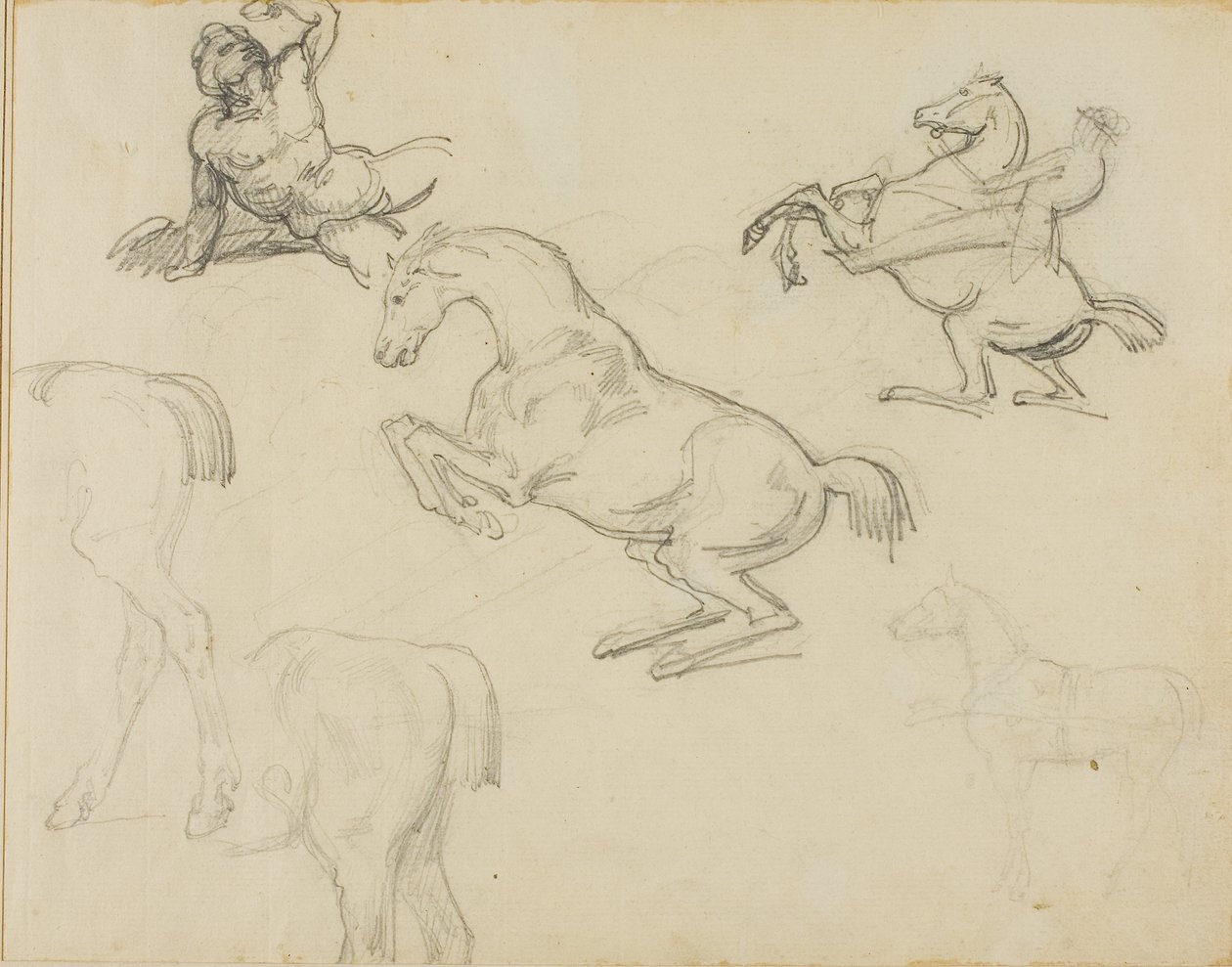 Schetsen: Liggende Naakt, een Ruiter en Diverse Paarden door Theodore Gericault