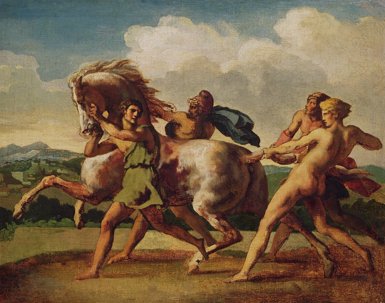 Slaven stoppen een paard, studie voor "De race van de barbaarse paarden", 1817 door Theodore Gericault
