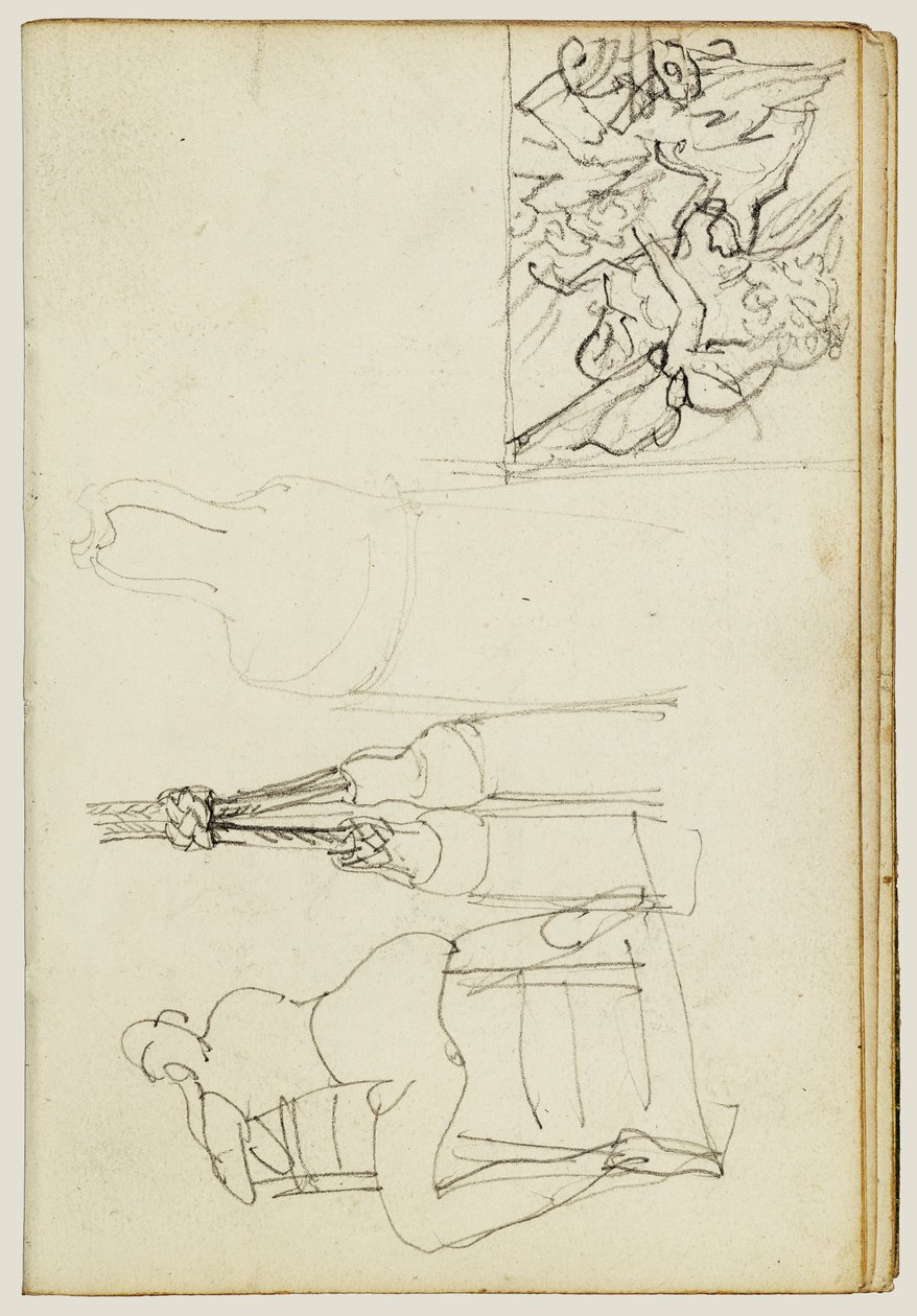 Kwastjes, zittende figuur gezien van achter de stoel, miniatuurstudie van „Charging Chasseur“ door Theodore Gericault