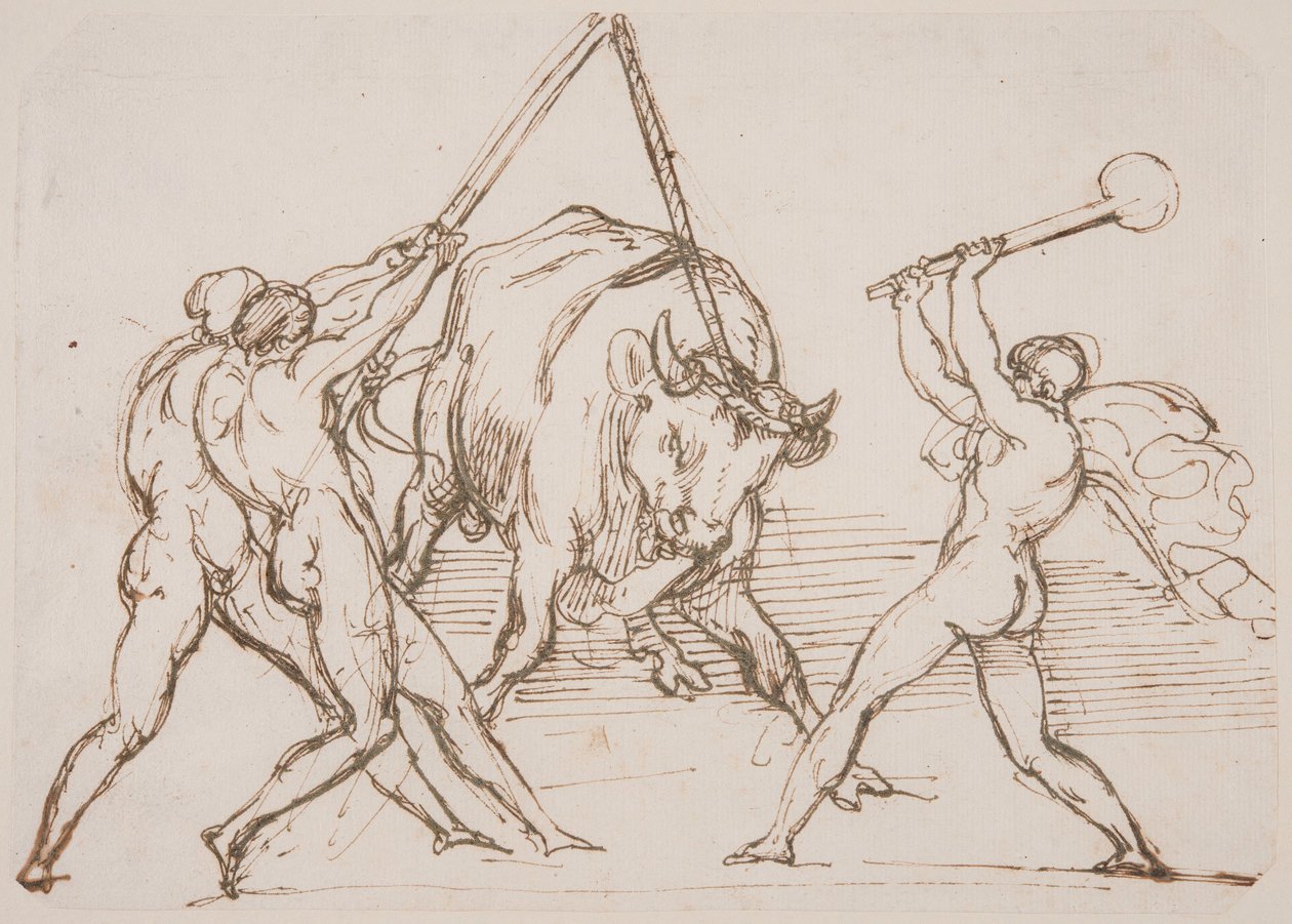 Drie mannen die een stier uitdagen door Theodore Gericault