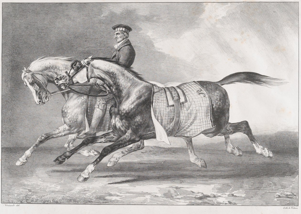 Twee grijsgevlekte paarden die worden getraind door Theodore Gericault