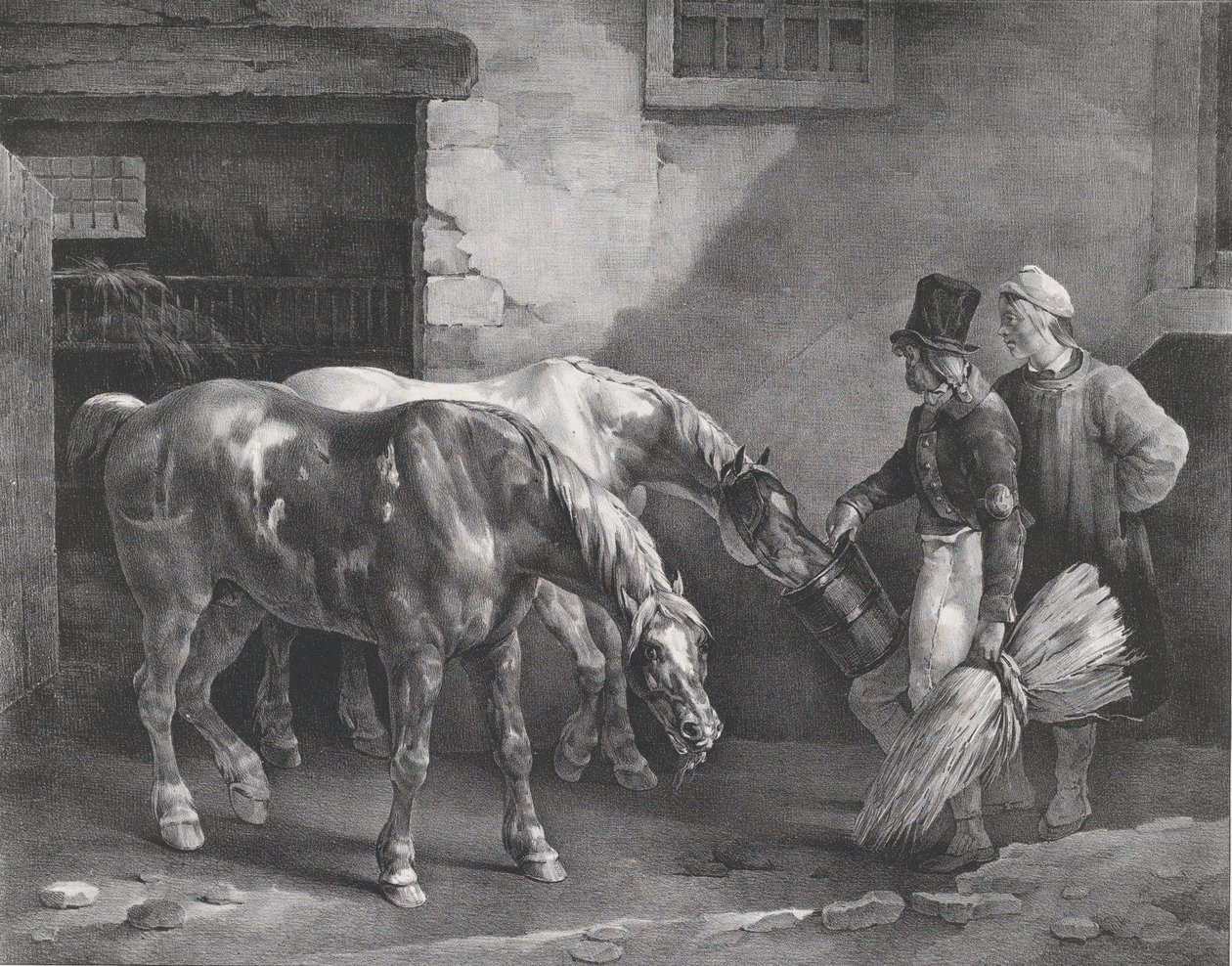 Twee postpaarden bij de deur van een stal door Theodore Gericault