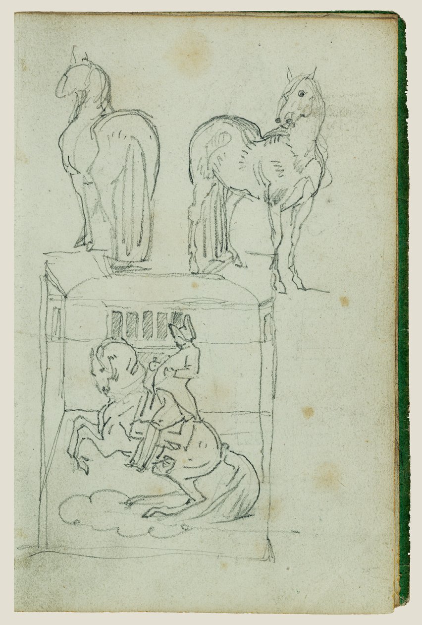 Twee staande paarden, een man op een steigerend paard door Theodore Gericault