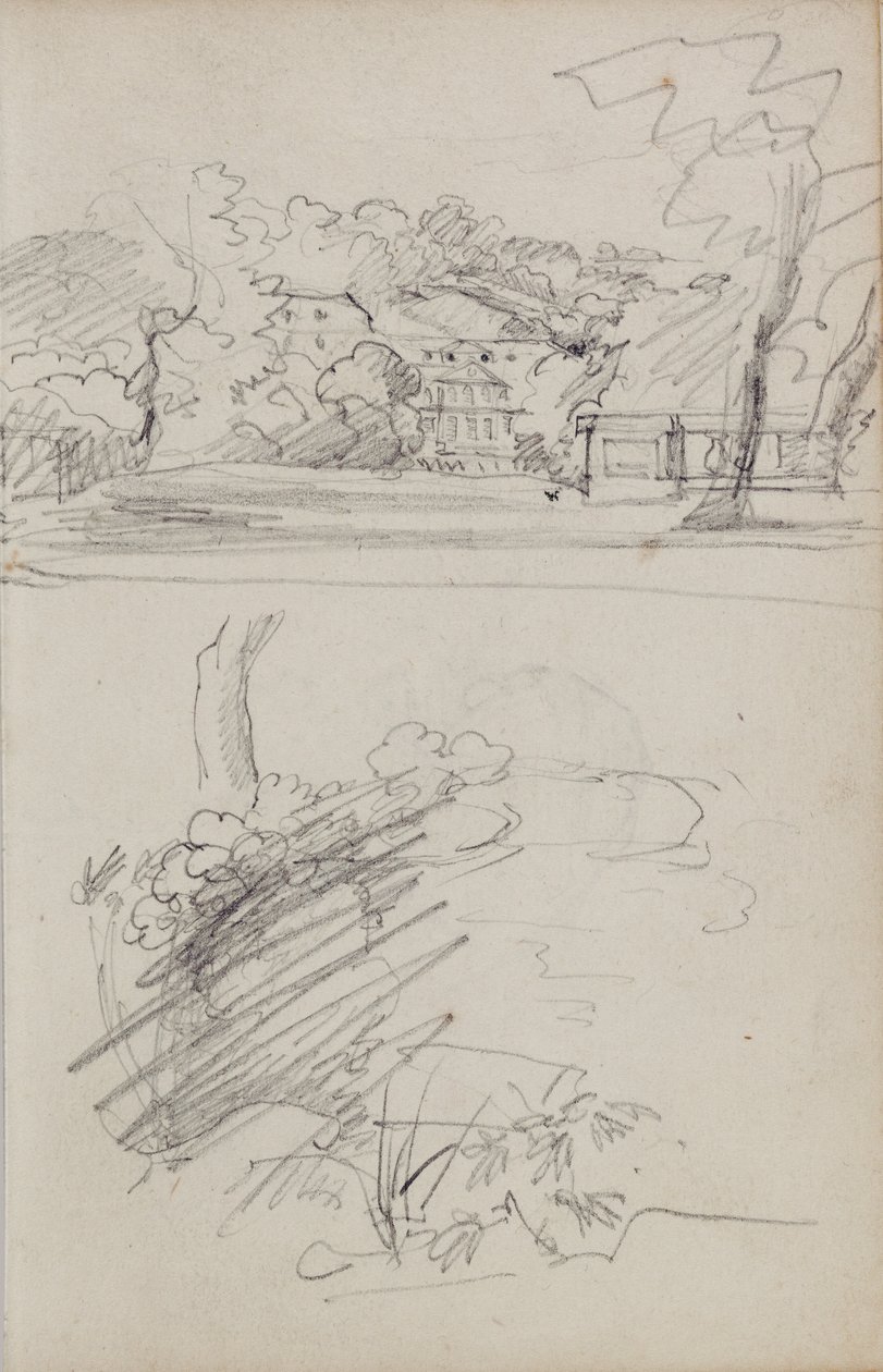 Uitzicht op een landhuis en studies van struiken en gebladerte door Theodore Gericault