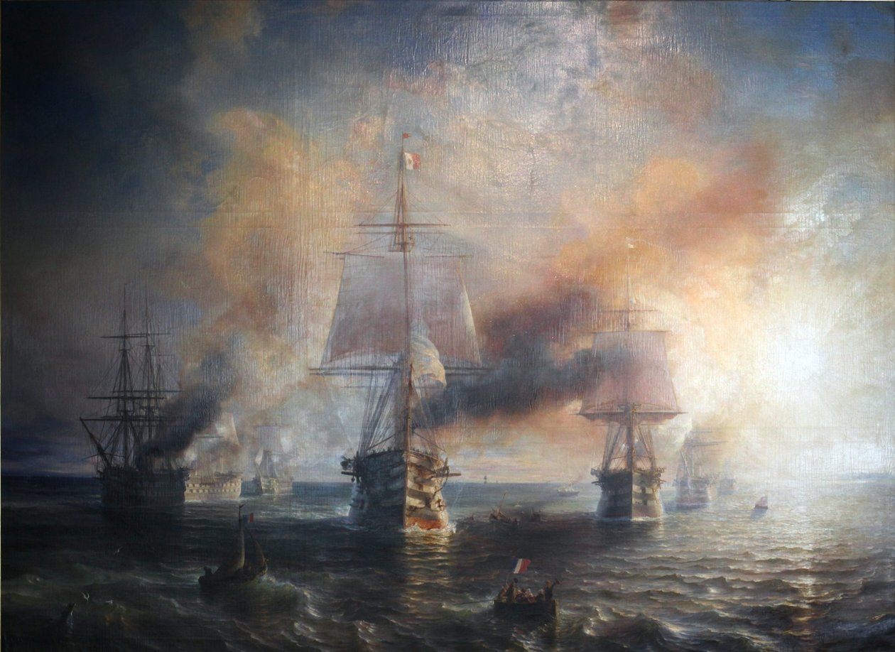 Frans:  La flotte française se rendant de Cherbourg à Brest, 1858 De Franse vloot die van Cherbourg naar Brest vaart, 1858 door Theodore Gudin