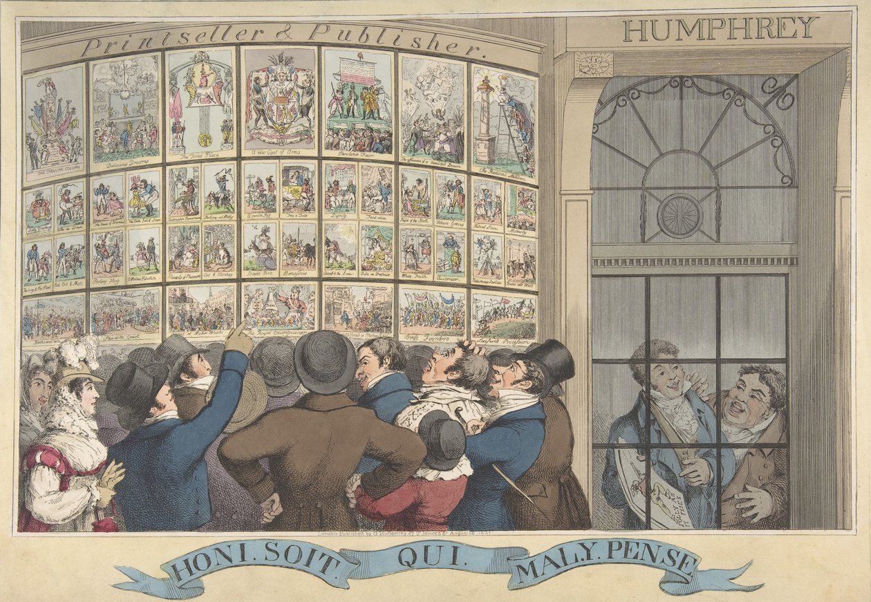 Honi. Soi. Qui. Mal. Y. Pense: De karikatuurwinkel van G. Humphrey, 27 St. James..., 12 augustus 1821 door Theodore Lane
