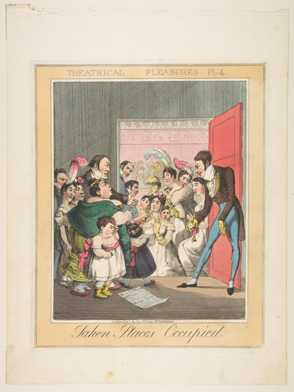Theatrale genoegens, plaat 4: ingenomen plaatsen, ca. 1835 door Theodore Lane