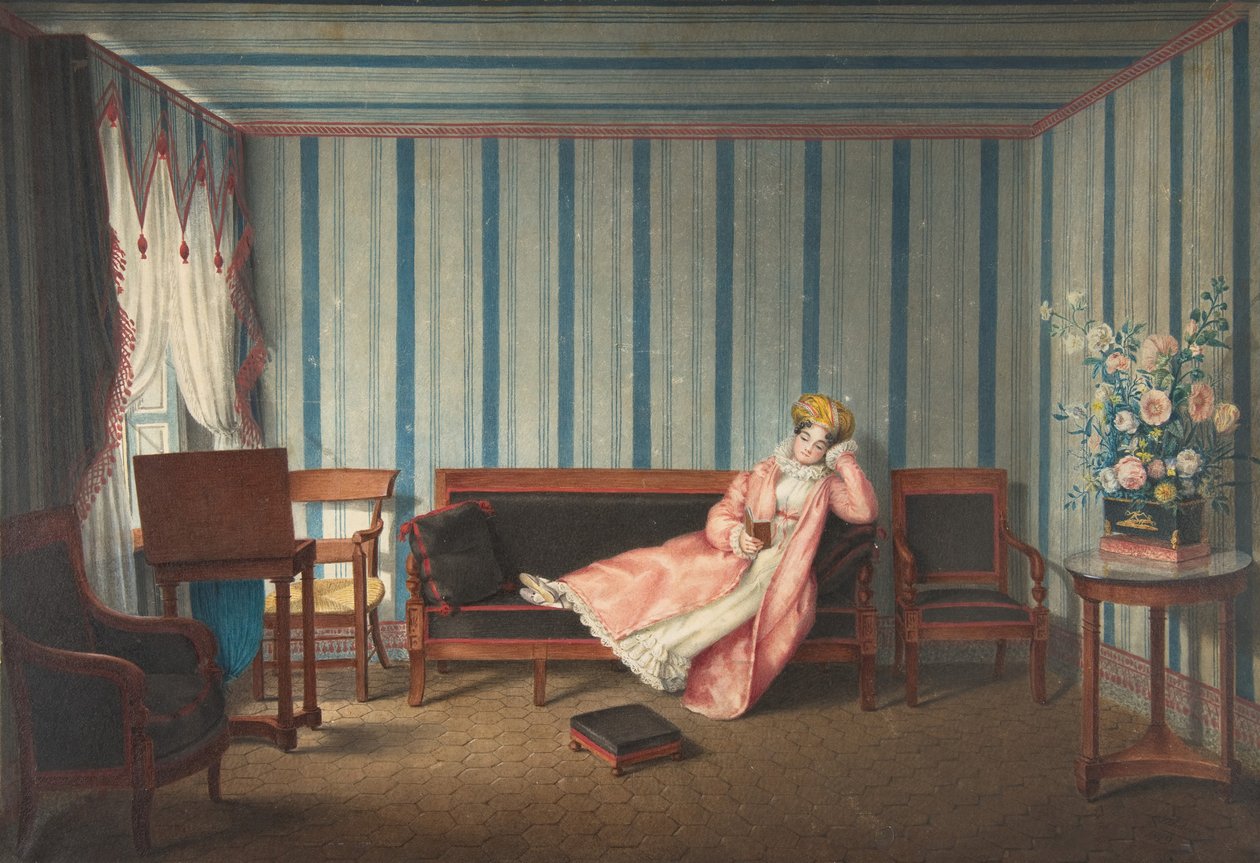 Vrouw in roze liggend op een canapé, 1819 door Theodore Lebrun