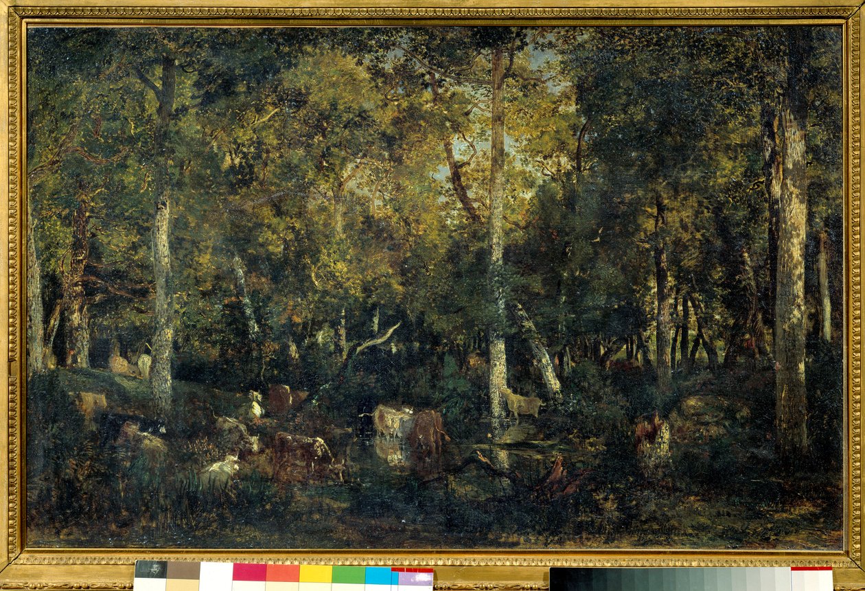Interieur van het bos genaamd de Oude Slaapzaal van Bas-Breau (Fontainebleau bos) door Pierre Etienne Theodore Rousseau