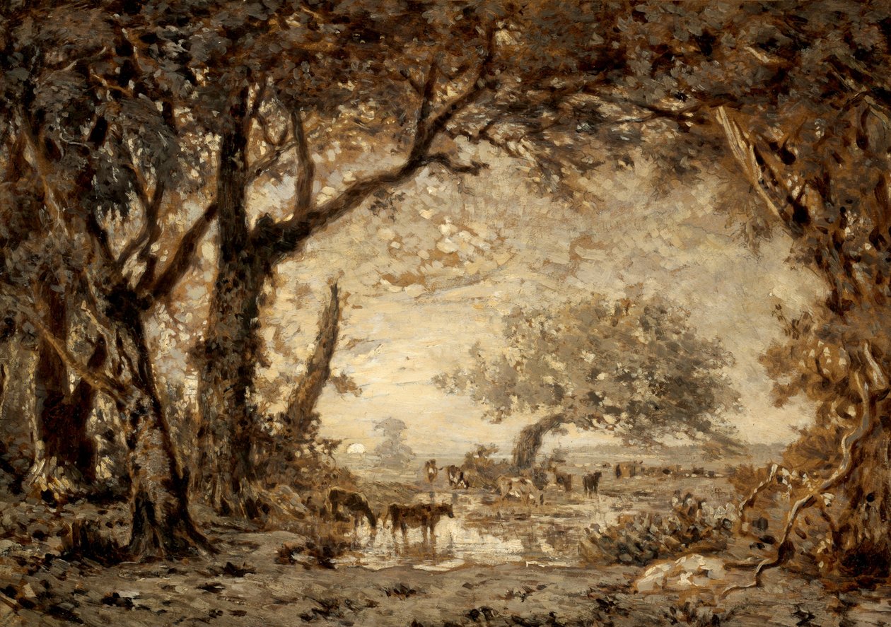 Zonsondergang vanuit het bos van Fontainebleau door Theodore Rousseau