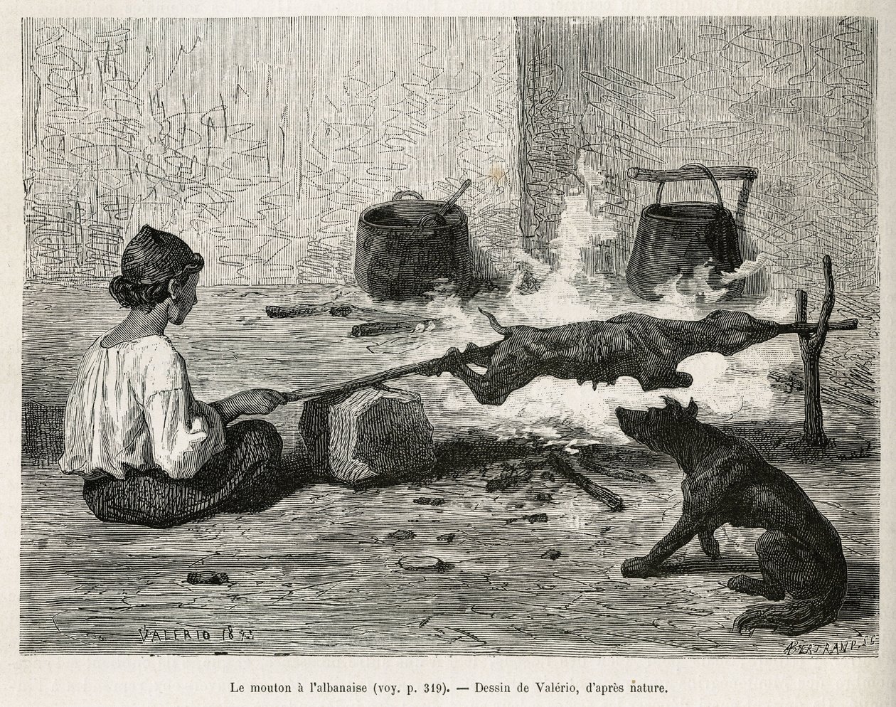 Een jonge Montenegrijn roostert een schaap met de Albanees, zittend voor het vuur en constant draaiend aan de houten pin. Gravure naar de tekening van Valerio, ter illustratie van de reis naar Dalmatië, door Charles Yriarte, in 1874, gepubliceerd in 