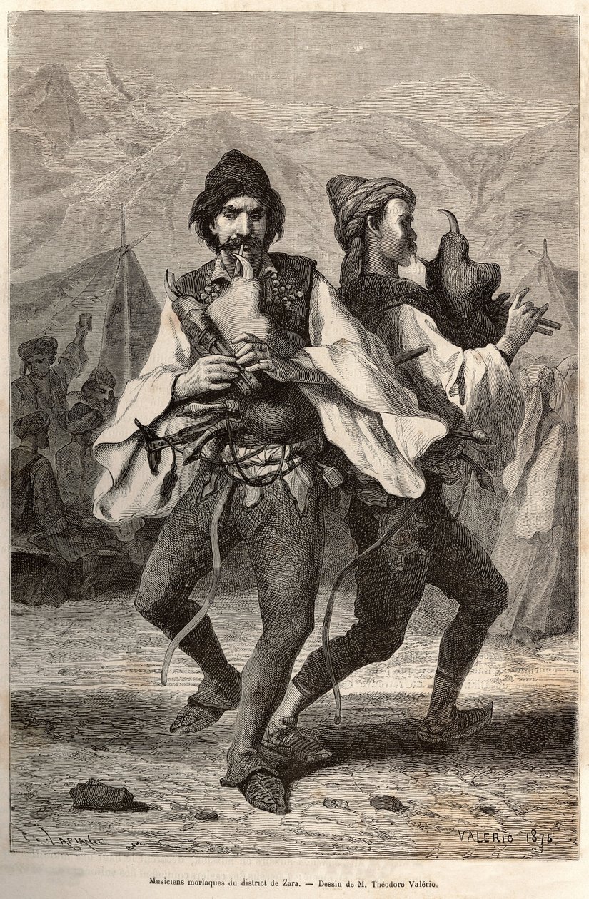 Morlac-muzikanten (of Montenegrijnen) uit het district Zara, gekleed in de lokale klederdracht: wit canvas shirt en over een geborduurd vest, een riem bezaaid met koper en zilver, benen die op de leren schoen vallen, en een soort biniou spelend terwijl ze  door Theodore Valerio