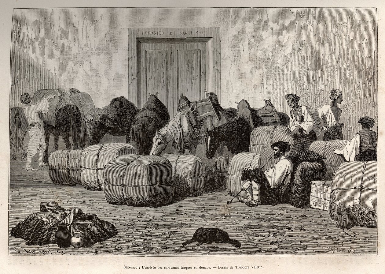 Wanneer Turkse karavanen aankomen bij de douane van Sebenico (Servië), lossen commerciële reizigers de balen van de rug van hun kamelen om de hoeveelheid en aard van de goederen te verifiëren. Gravure naar de tekening van Theodore Valerio, ter illustratie  door Theodore Valerio