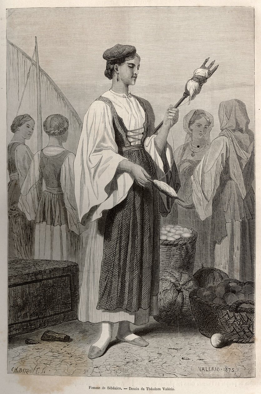 Vrouw van Sebenico (Servië), die spindels gebruikt om wol te spinnen, op het marktplein. Gravure naar de tekening van Theodore Valerio, ter illustratie van een verhaal over Dalmatië, door Charles Yriarte, 1874, gepubliceerd in 