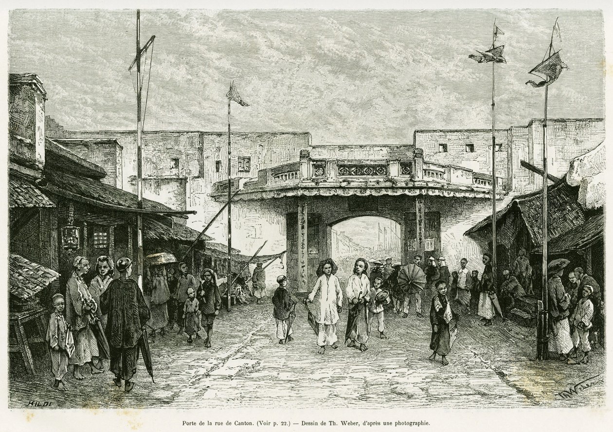 Canton Street Gate in Hanoi. Gravure van Th. Weber, naar een foto, ter illustratie van het verhaal Dertig maanden in Tonkin in 1884, door Doctor Hocquard, in de tour du monde 1889, onder leiding van Edouard Charton (1807-1890), Hachette, Parijs. door Theodore Weber