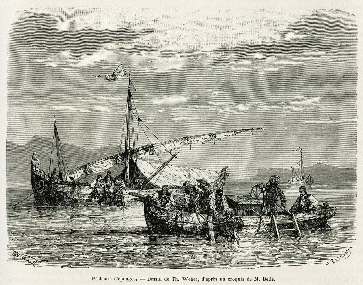 Sponsvissers in de Golf van Nafplio, tekening van Th. Weber, ter illustratie van het verhaal van een reis naar Griekenland in 1861, 1868 en 1874, door Henri Belle. Gravure in 