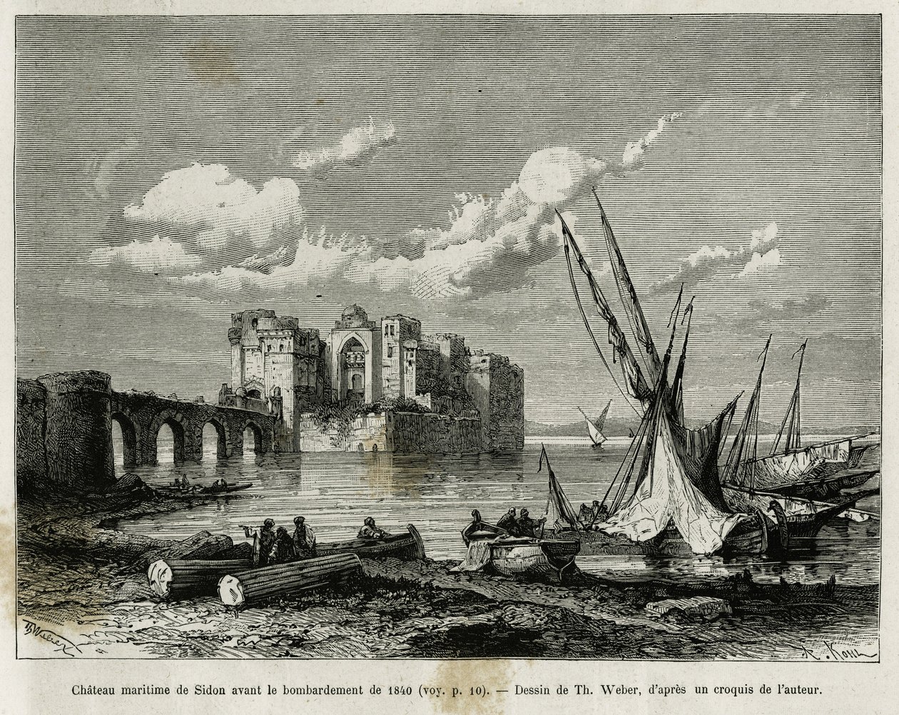 Het maritieme kasteel van Sidon voor het bombardement van 1840. Gravure van Th. Weber, ter illustratie van het verhaal La Syria d