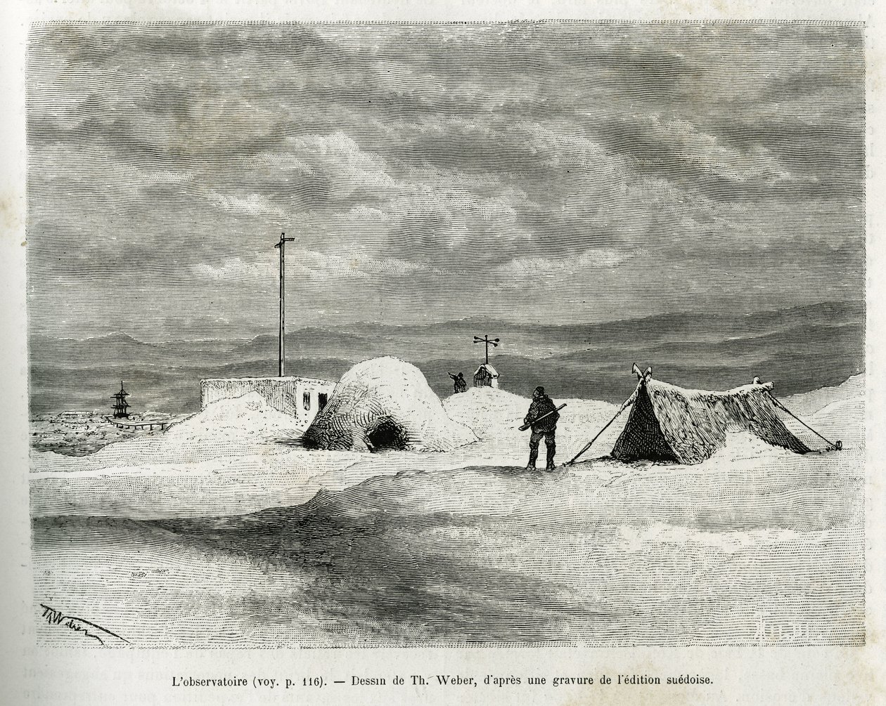 Het meteorologisch observatorium werd geïnstalleerd aan de baai van Koljutschin (poolcirkel), terwijl het schip La Vega vastzat in het ijs en de bemanning zich voorbereidde op de overwintering. Gravure door Th. Weber, ter illustratie van het verhaal 