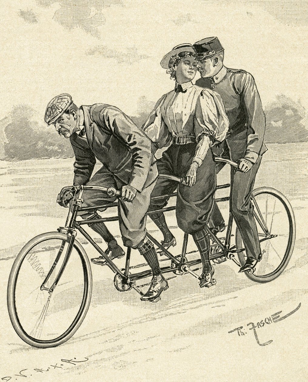 Fiets voor drie personen, genaamd tandemfiets door Theodore Zasche