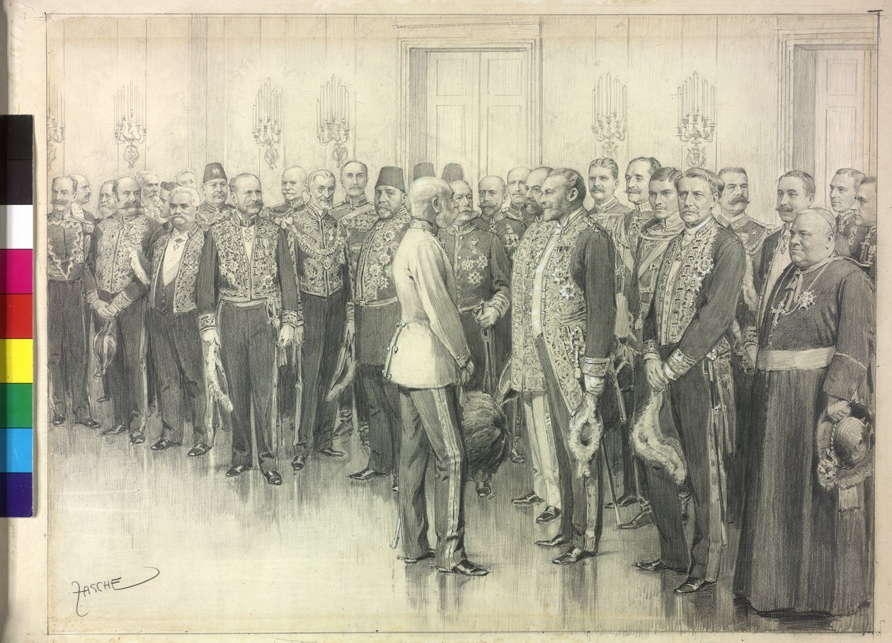 De keizer spreekt met de Duitse ambassadeur Philipp zu Eulenburg-Hertefeld door Theodore Zasche