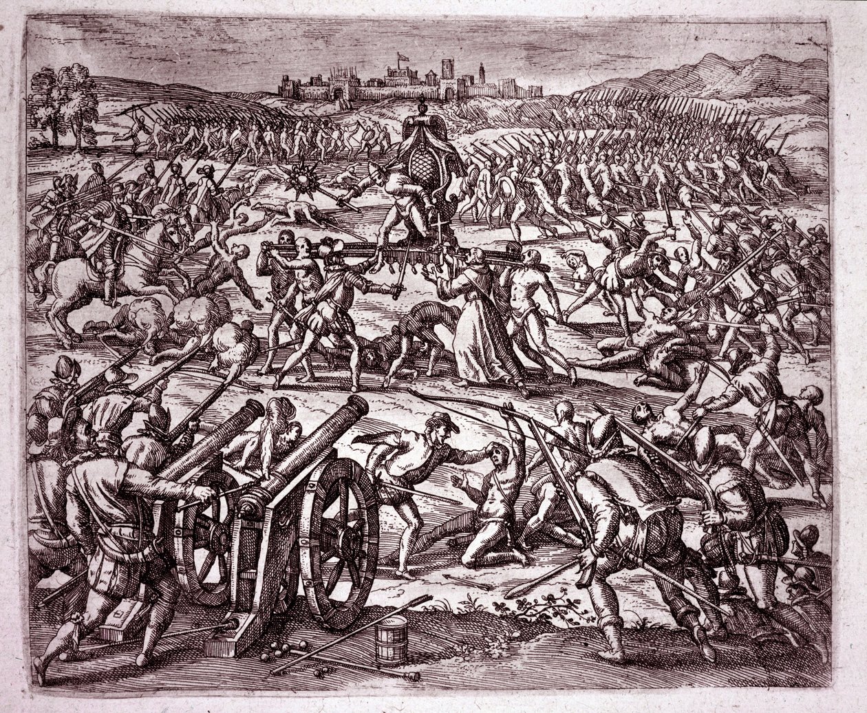 Een Dominicaanse monnik, zich bespot voelend door de Inca-koning Atahualpa, moedigt Francisco Pizarro aan om wraak te nemen (Gravure) door Theodore de Bry