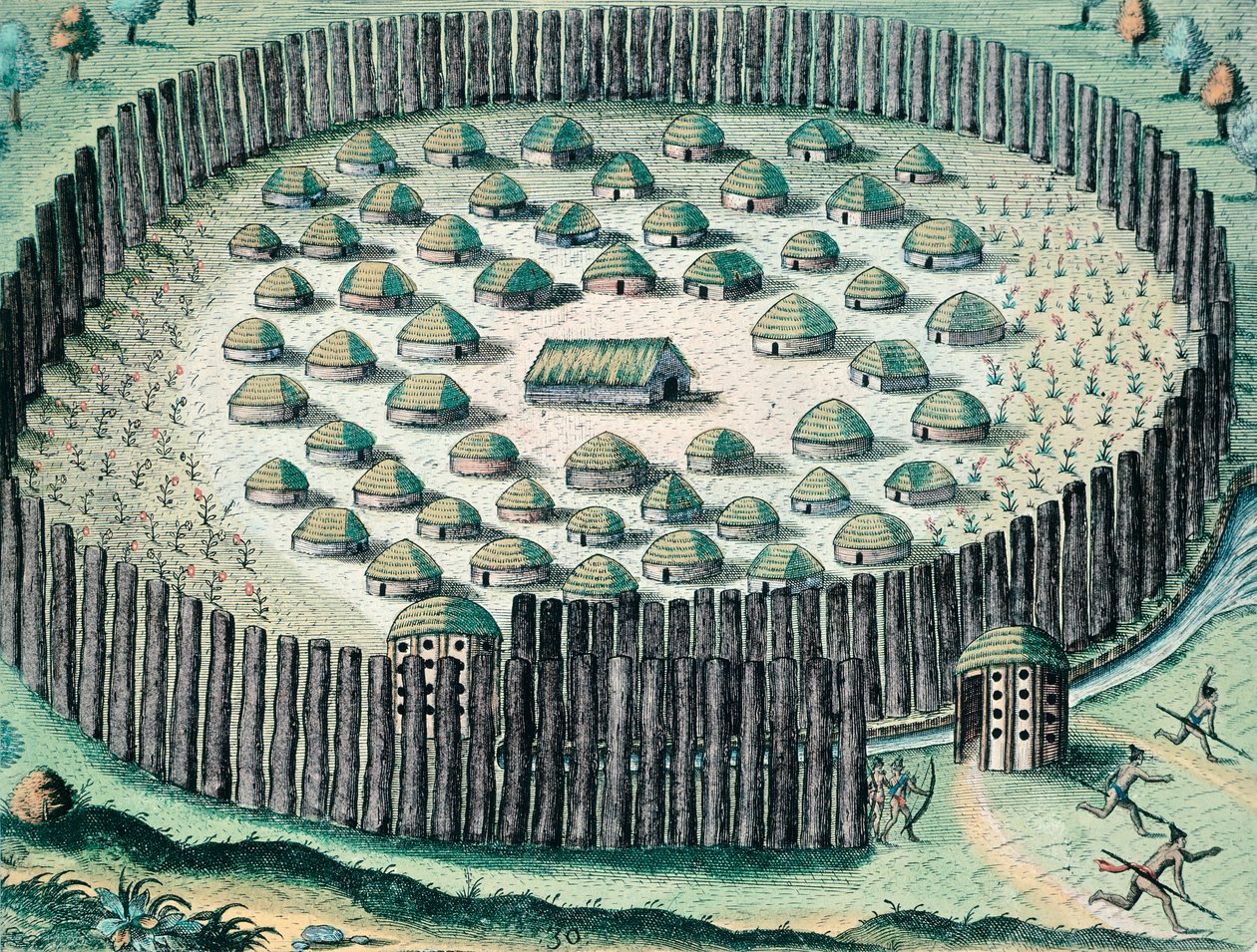 Een Versterkt Indiaans dorp, Illustratie uit The Discourse of Florida door Theodore de Bry (gravure) door Theodore de Bry