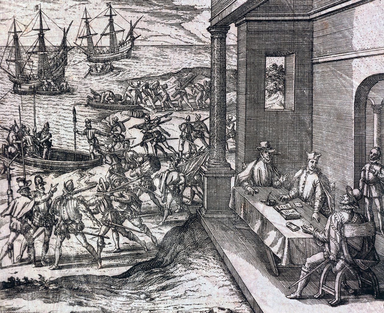 Overeenkomst tussen Francisco Pizarro, Diego de Almagro en Hernando de Luque om Peru te verkennen en exploiteren door Theodore de Bry