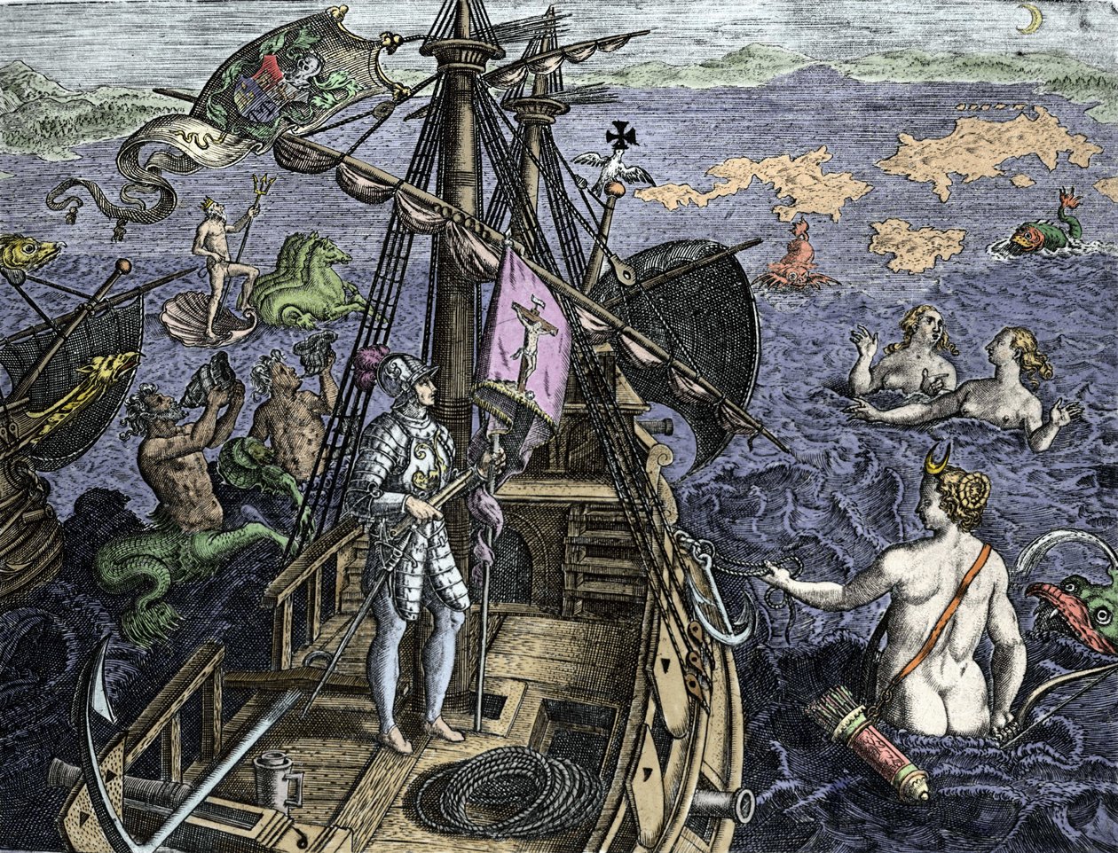 Allegorie van de reizen van Christopher Columbus (1451-1506), gravure uit 