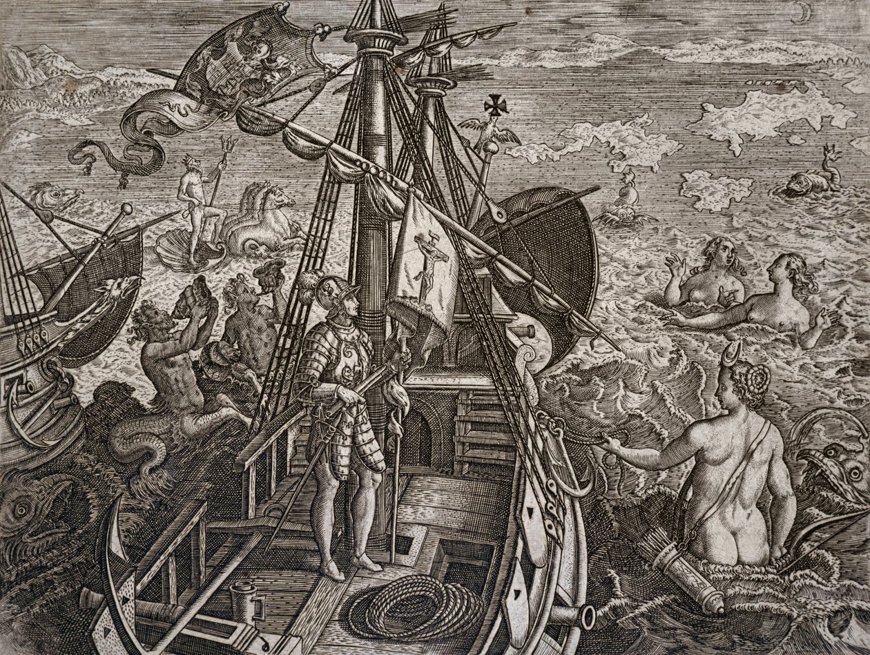 Allegorie van de reis van Christoffel Columbus naar de ontdekking van de Nieuwe Wereld, gravure door Theodor de Bry door Theodore de Bry