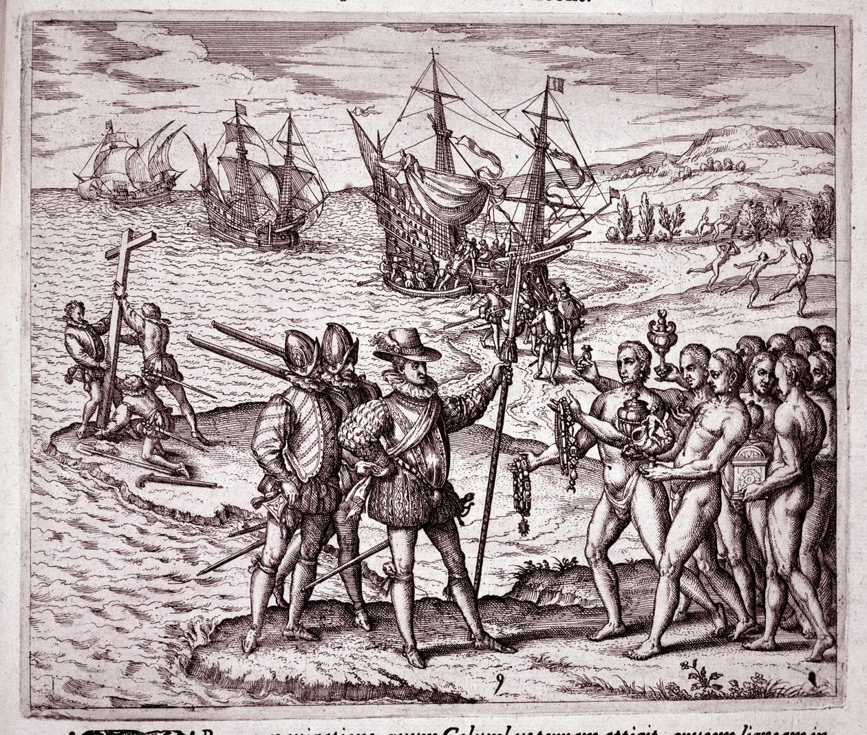 Aankomst van Christoffel Columbus op het eiland Hispaniola in de West-Indië (Gravure) door Theodore de Bry