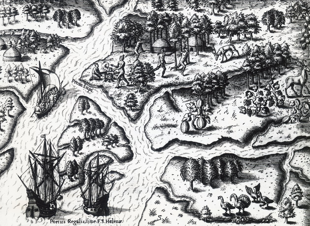 Aankomst van de Fransen in Port Royal in 1564, gravure door Theodore de Bry
