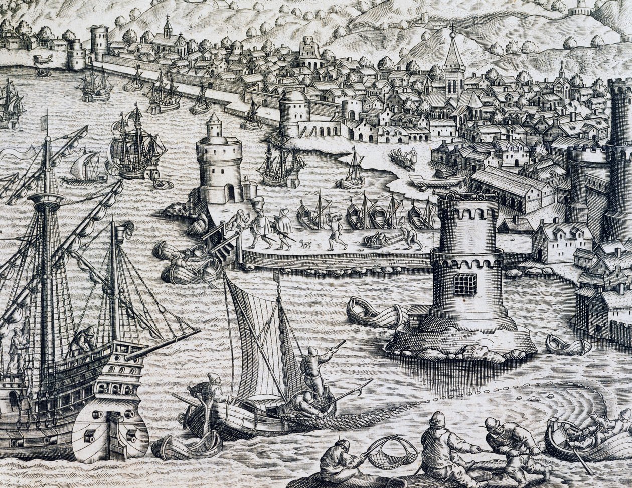 Aankomst van Girolamo Benzoni in de haven van La Palma (gravure) door Theodore de Bry