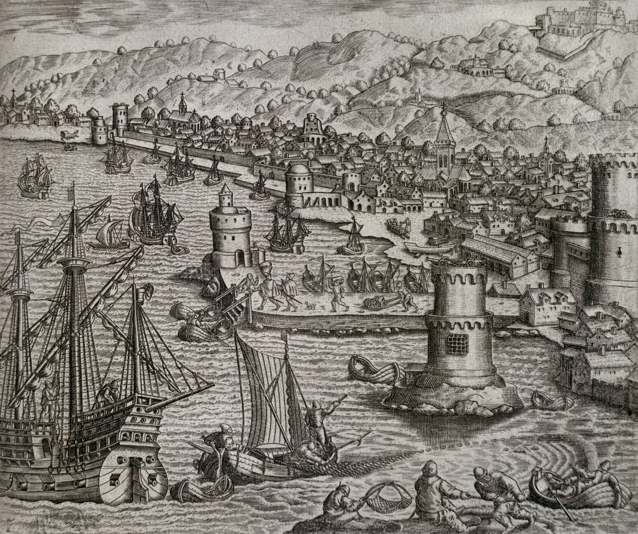 Aankomst van Girolamo Benzoni in de haven van Las Palmas tijdens zijn reis naar Amerika, Canarische Eilanden, gravure door Theodor de Bry door Theodore de Bry