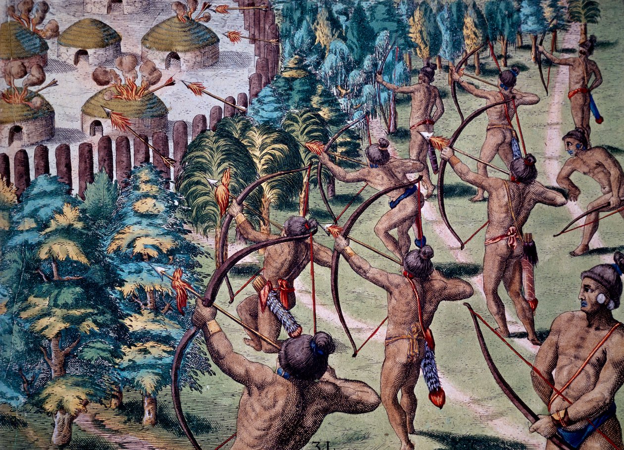 Aanval op dorp met brandende pijlen, gravure uit Narratio In Floridae door Theodore de Bry